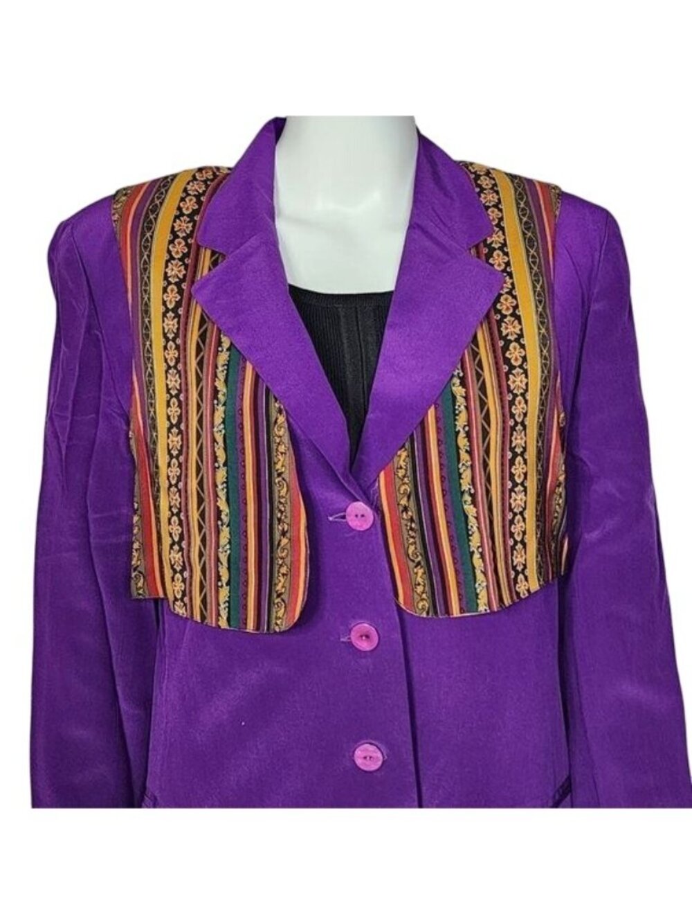 Silk Boutique Womens Purple Blazer With Multicolor Striped Embroidery 100% Silk